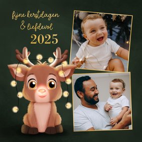 Kerstkaartje fotocollage lief rendiertje lampjes donkergroen