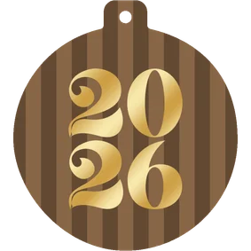 Kerstkaartje gestreept 2026 goud kerstbalvorm bruin