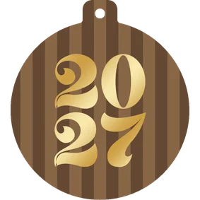 Kerstkaartje gestreept 2027 goud kerstbalvorm bruin