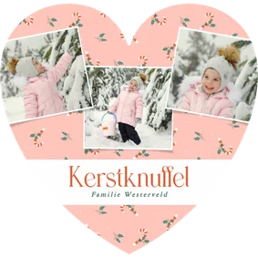 Kerstkaartje hartje roze met foto's en zuurstokjes