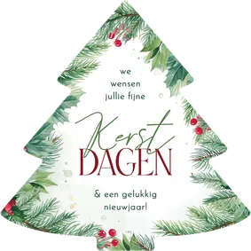Kerstkaartje hulst en takjes in kerstboomvorm 