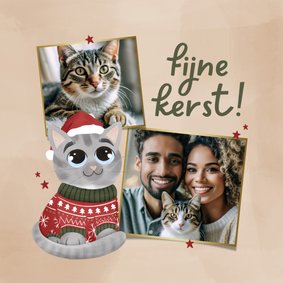 Kerstkaartje illustratie kat met trui en fotocollage sterren