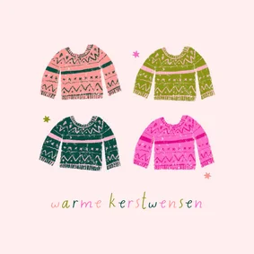 Kerstkaartje illustratie truien warme kerstwensen funky