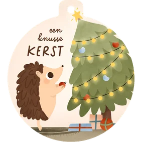 Kerstkaartje kerstbalvorm illustratie egel kerstboom knus