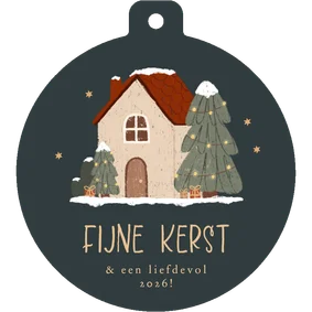 Kerstkaartje kerstbalvorm illustratie huisje sterretjes