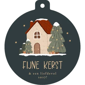 Kerstkaartje kerstbalvorm illustratie huisje sterretjes