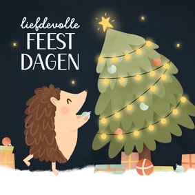 Kerstkaartje met egel kerstboom en cadeaus donker sneeuw