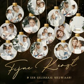 Kerstkaartje met fotocollage 14 kerstballen goud