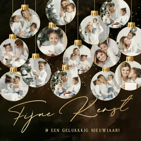 Kerstkaartje met fotocollage 14 kerstballen goud 