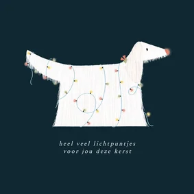 Kerstkaartje met hondje versierd met verlichte kerstlampjes