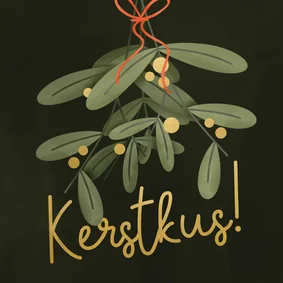 Kerstkaartje met mistletoe en kerstkus goudlook