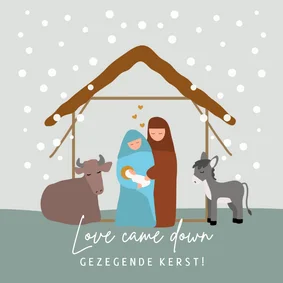 Kerststal met dieren en Jozef, Maria en Jezus