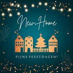Kerstverhuiskaart lampjes huisjes koperlook