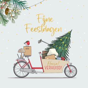 Kerstverhuiskaart met bakfiets en kerstboom