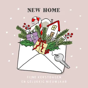 Kerstverhuiskaart met new home in een envelop