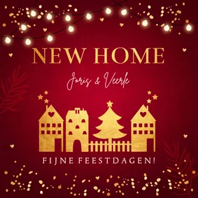 Kerstverhuiskaart rood huisjes lampjes goudlook