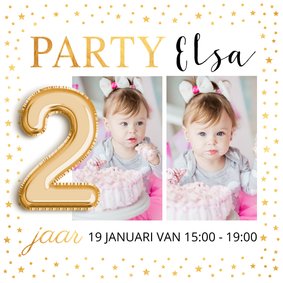Kinderfeestje foto ballon 2 jaar goud confetti uitnodiging 
