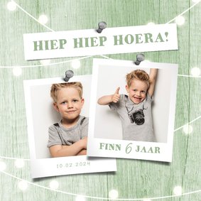 Kinderfeestje uitnodiging houtlook groen lampjes met foto