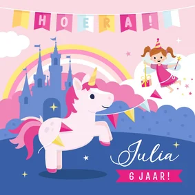 Kinderfeestje uitnodiging meisje met lieve eenhoorn en fee