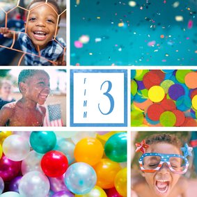 Kinderfeestje uitnodiging met 6 foto's blauw