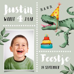 Kinderfeestje uitnodiging stoer met T-rex en taart