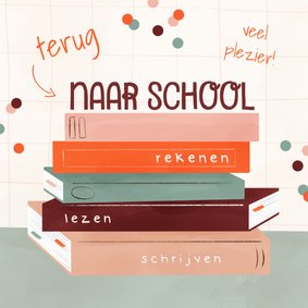 Kinderkaart terug naar school met stapel boeken 