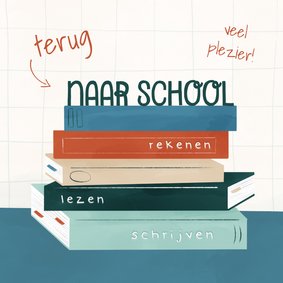 Kinderkaart terug naar school stapel boeken