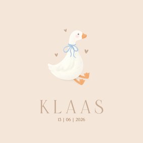 Klassiek geboortekaartje gansje strikje jongen beige