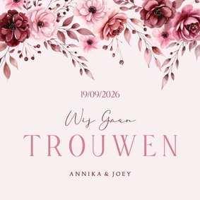 Klassieke trouwkaart uitnodiging in roze met aquarel rozen