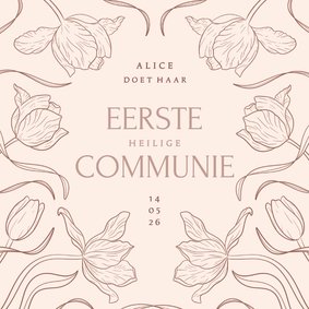 Klassieke uitnodiging communie met vintage tulpen beige