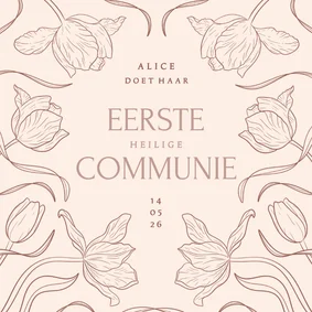 Klassieke uitnodiging communie met vintage tulpen beige