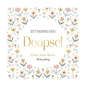 Klassieke uitnodiging doopsel kleine bloemen lente goudfolie