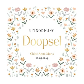 Klassieke uitnodiging doopsel kleine bloemen lente goudfolie