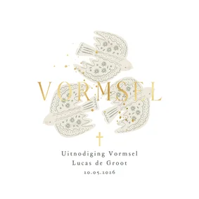 Klassieke uitnodigingskaart vormsel drie duiven goud