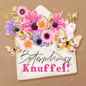 Kleurrijke beterschapskaart knuffel envelop bloemen vlinders