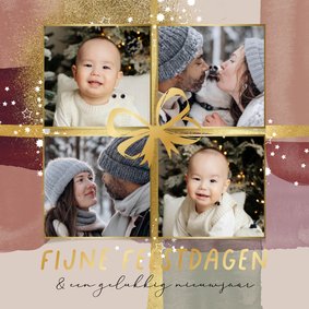 Kleurrijke kerstkaart fotocollage watercolor strik lint goud