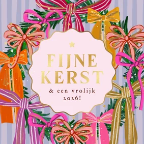 Kleurrijke kerstkaart kerstkrans strikken streep goud ster