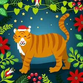 Kleurrijke kerstkaart met tijger in de jungle