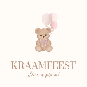 Kraamfeest uitnodiging meisje met teddybeertje en ballonnen