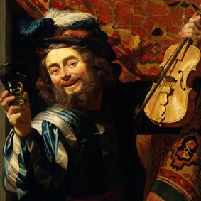 Kunstkaart van Gerrit van Honthorst. De vrolijke speelman