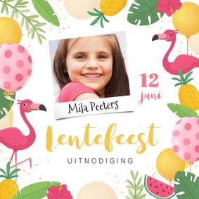 Lentefeest uitnodiging flamingo tropisch ananas foto