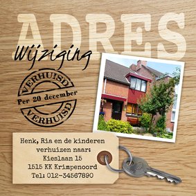 Leuke adreswijziging met sleutel hout en eigen foto