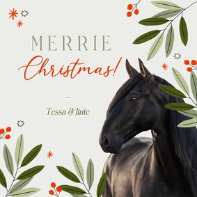 Leuke kerstkaart merrie christmas met paard en bladeren