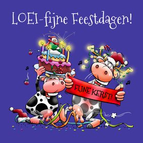 Leuke kerstkaart met taart en koeien met tekst: FIJNE KERST!