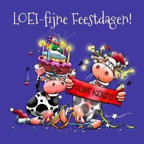 Leuke kerstkaart met taart en koeien met tekst: FIJNE KERST!