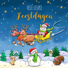 Leuke kerstkaart met vliegende arrenslee en kerstman