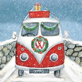 Leuke kerstkaart van een VW busje in de sneeuw