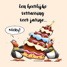 Leuke verjaardagskaart 2 pinguïns en een enorme taart