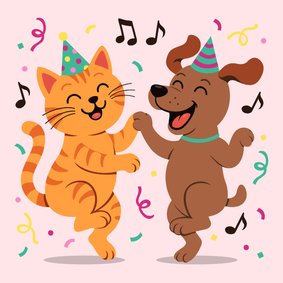 Leuke verjaardagskaart met dansende poes en hond
