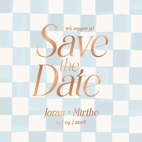 Lichtblauw geblokte save the date kaart bruiloft koper